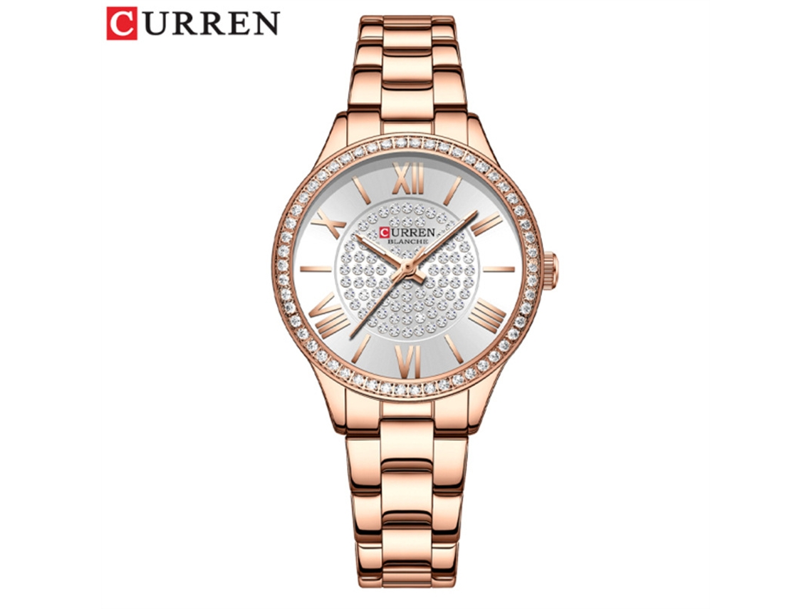 Relógio Elegante Com Strass (branco E Ouro Rosa) E Pulseira De Aço Inoxidável, Estilo Moderno E Casual.
