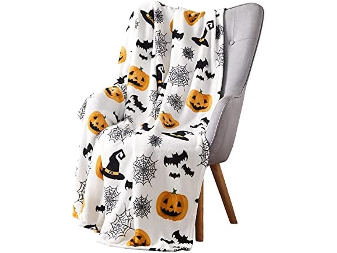 Cobertor De Lã Assustador Para Halloween Teias De Aranha, Chapéu De Bruxa, Morcegos Pretos E Abóboras Decoradas Estampadas Em Vel-aquaforge