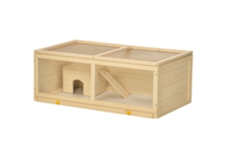 Gaiola de Hamster Feita de Madeira com Teto Dobrável em Painel Acrílico, Bandeja Removível e Cabine 100x58x38 Cm Natural Ge