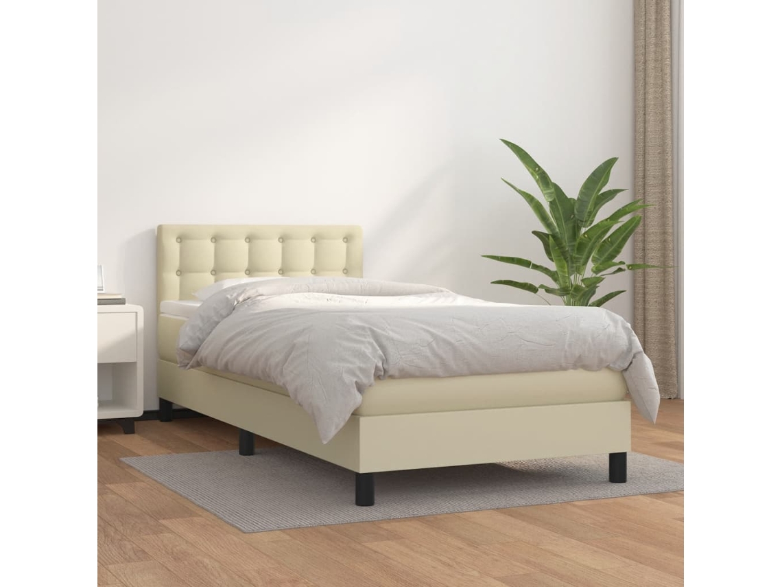 Vidaxl Cama Com Molas/colchão 90x200 Cm Couro Artificial Cor Creme
