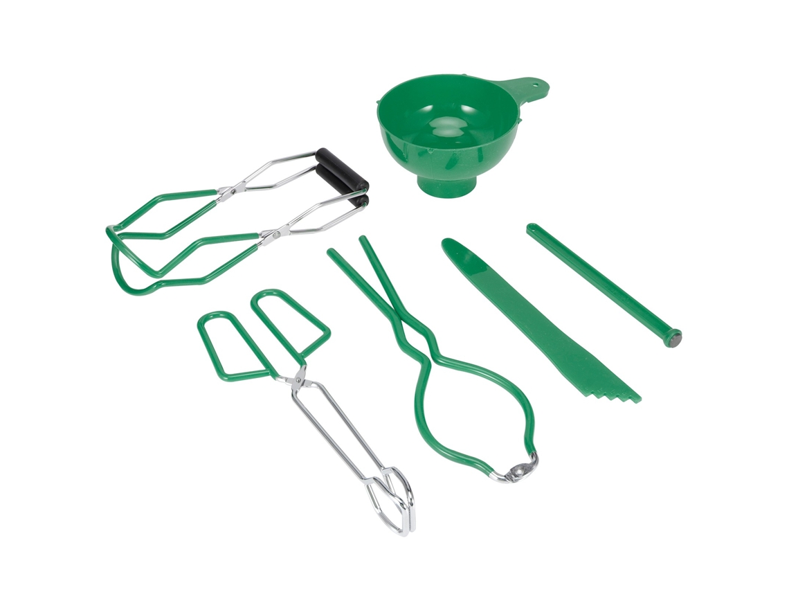 Kit De Conservas 6 Peças, Verde, Pinça Para Alimentos Antiderrapante, Levantador Jarras, Chave Inglesa, Tampa, Medidor Funil