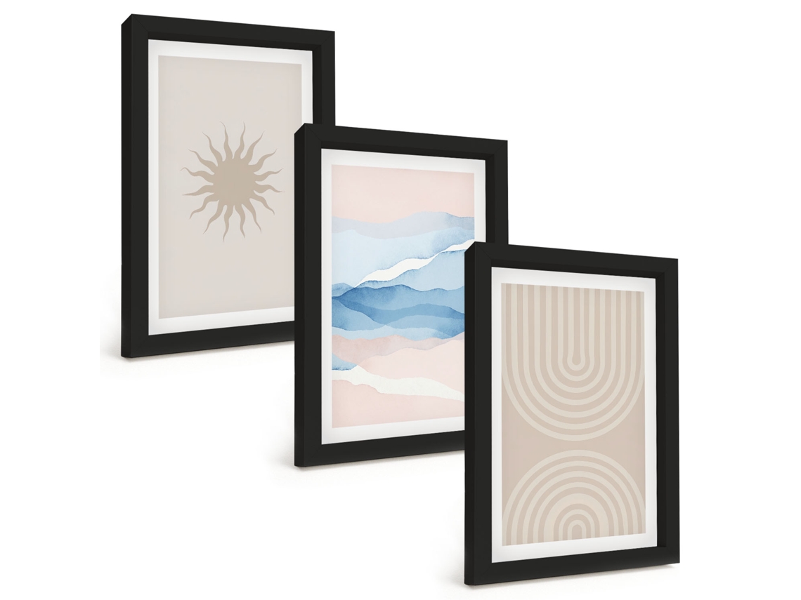 Composição De Quadros Sol Ondas, Linhas Abstratas, Tons Pastel Espelharte (3 Peças 20x30 Cm)