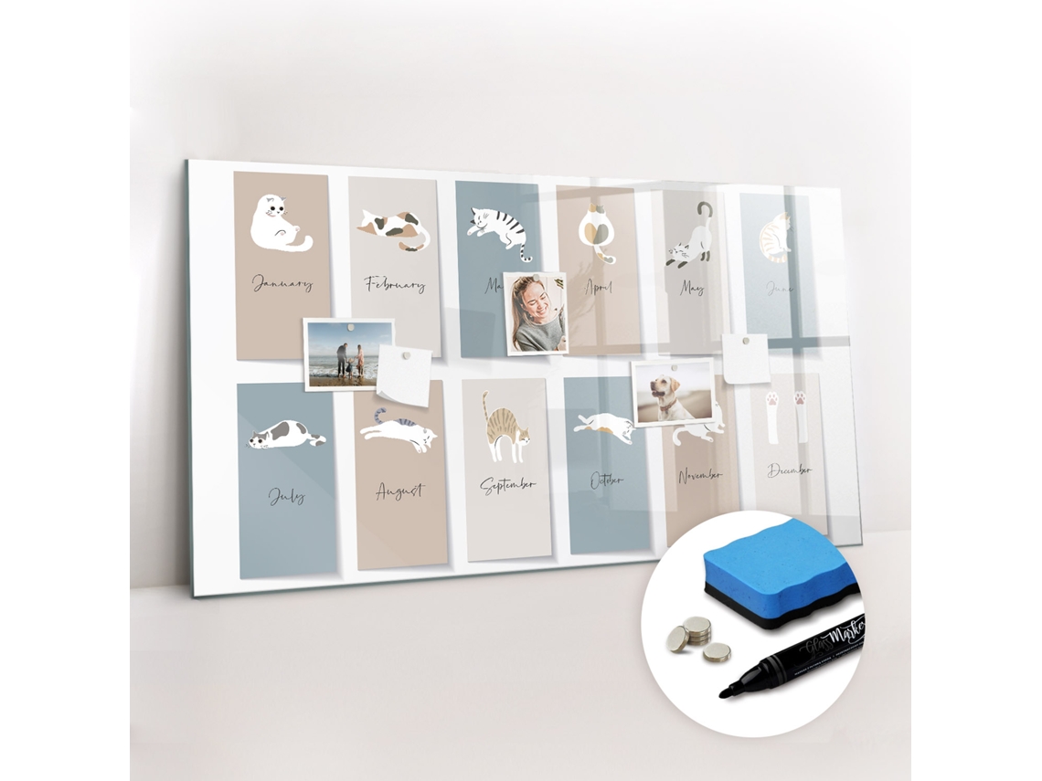 Quadro De Vidro Magnético Calendário De Gatos Para O Escritório Espelharte (120x60 Cm)