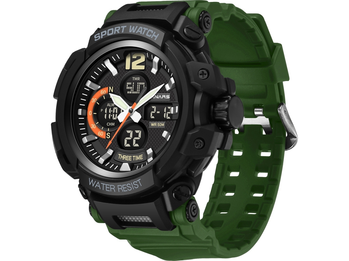 Relógio esportivo masculino Panars luminoso e à prova d'água com duplo fuso horário e calendário, verde militar.