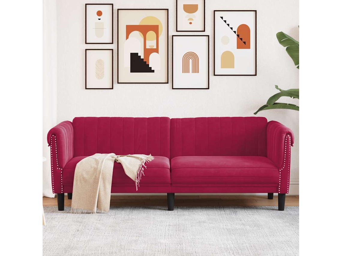 Vidaxl Sofá De 3 Lugares Veludo Vermelho Tinto