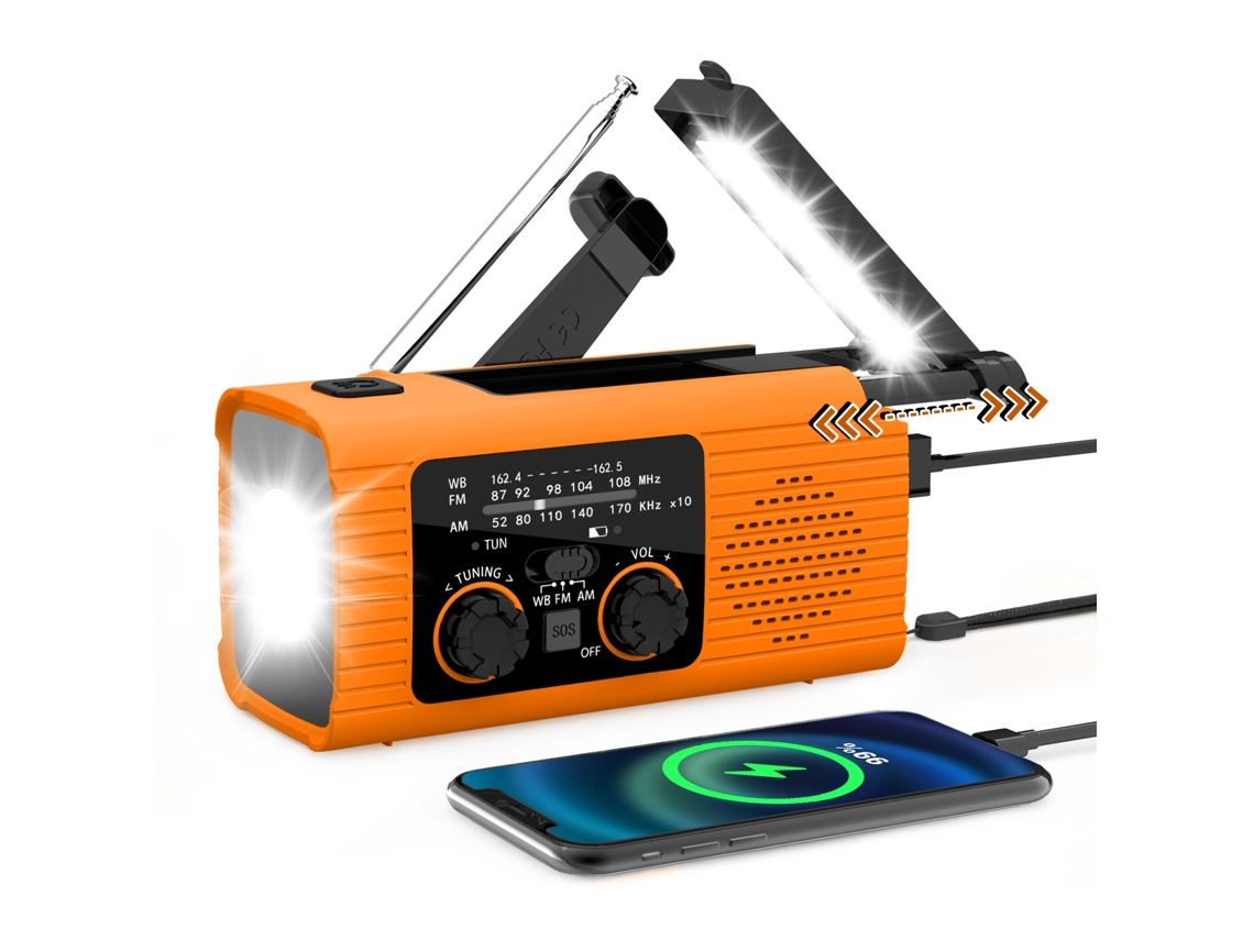 Rádio de Emergência Meteorológica, Alarme de 4000mah com Carregamento Solar, Manivela e Usb, Am/fm com Lanterna Led e Laranja AQUAFORGE
