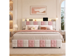 Cama Casal 140x190 Cm Com 4 Gavetas De Arrumação, Iluminação Led E Cabeceira Com Usb E Tipo-c, Cama Estofada Em Veludo, Rosa E Branco