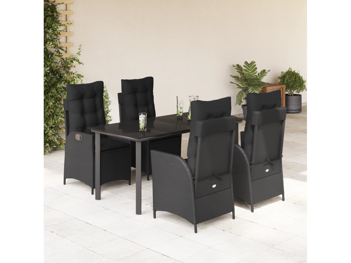 Vidaxl 5 Pcs Conjunto De Jantar P/ Jardim C/ Almofadões Vime Pe Preto