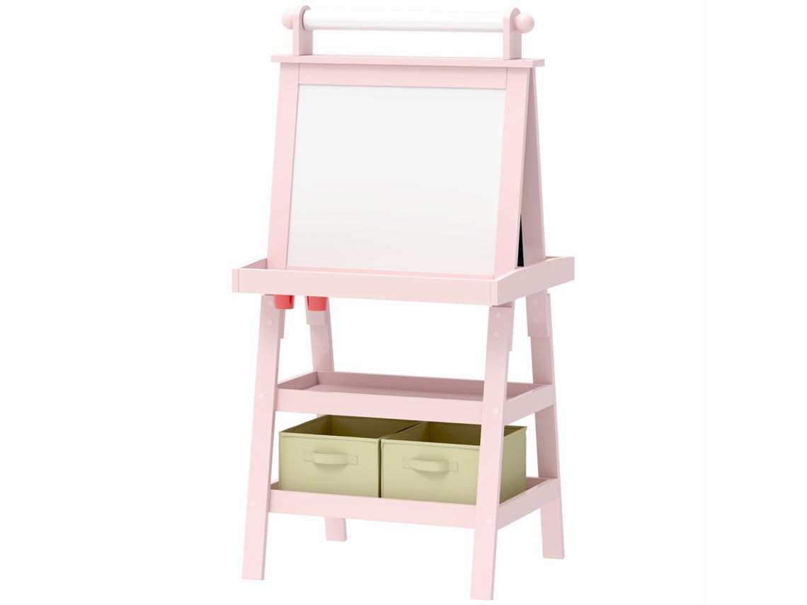 Cavalete De Pintura Infantil 3 Em 1 Quadro Dupla Face Com Rolo De Papel E Cestos De Arrumação Rosa