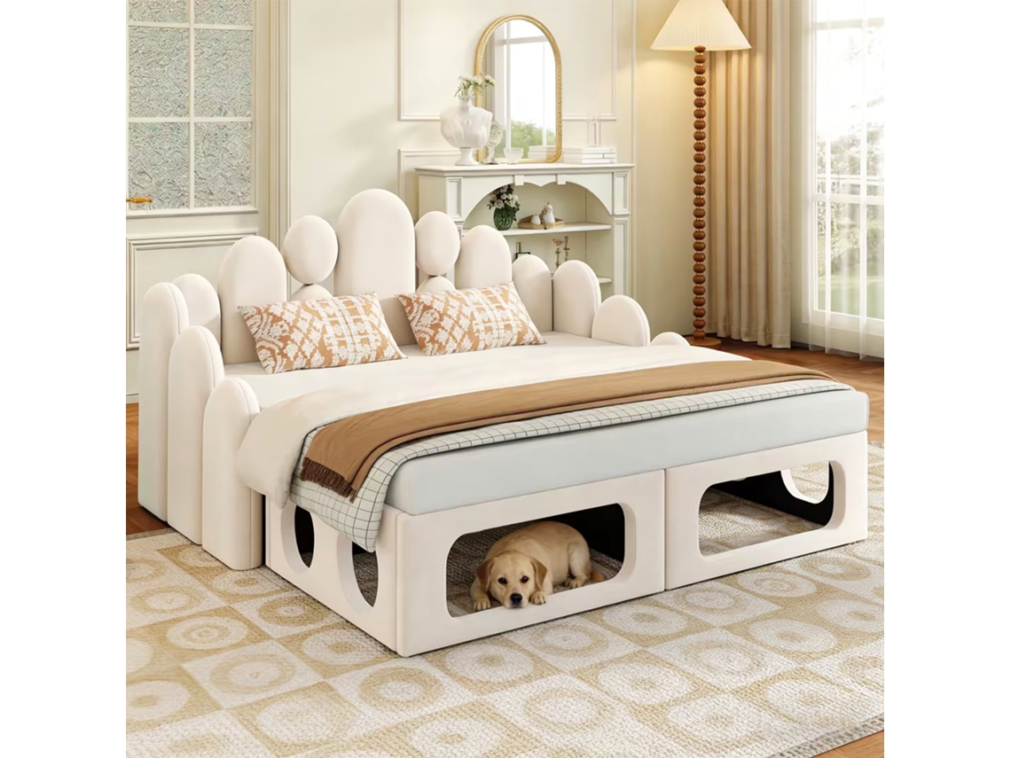 Sofá Cama Com Cama De Animal De Estimação 2 Em 1 Bege 180*200cm Com Tecido De Veludo Macio
