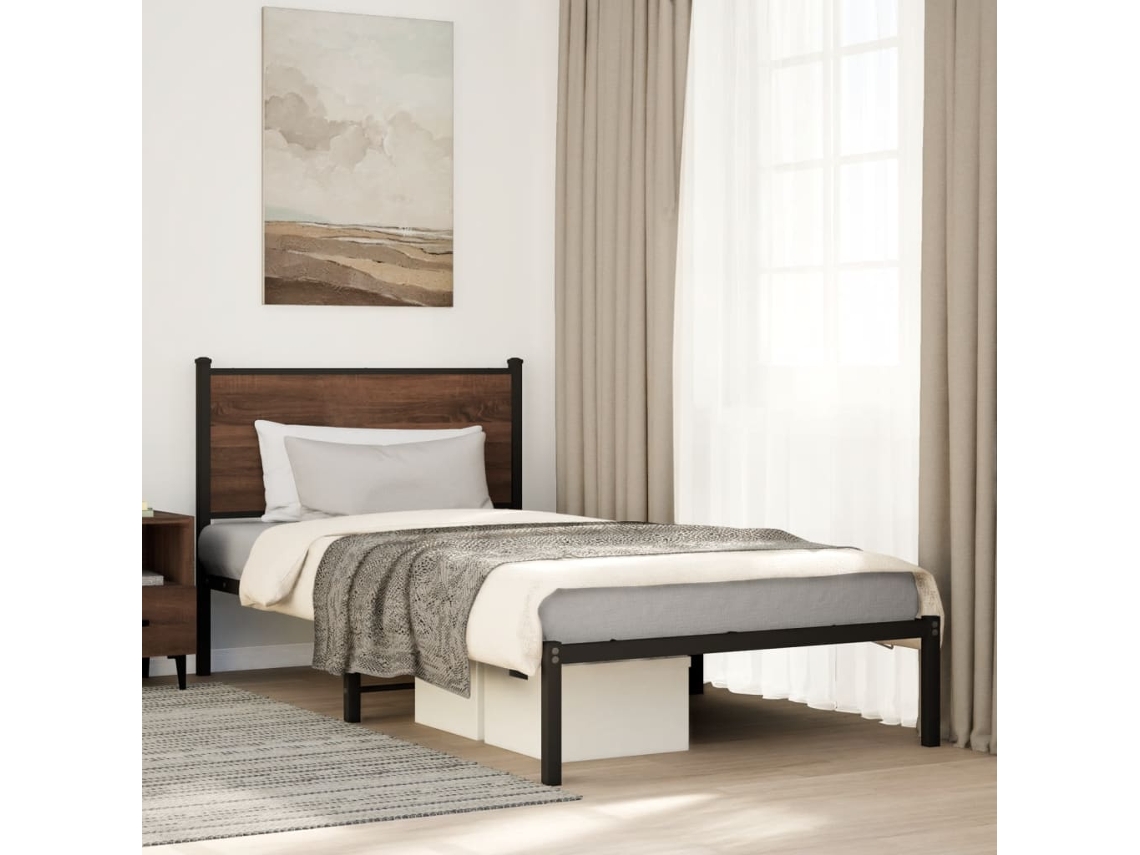 Vidaxl Estrutura De Cama Sem Colchão 107x203cm Metal Carvalho Castanho