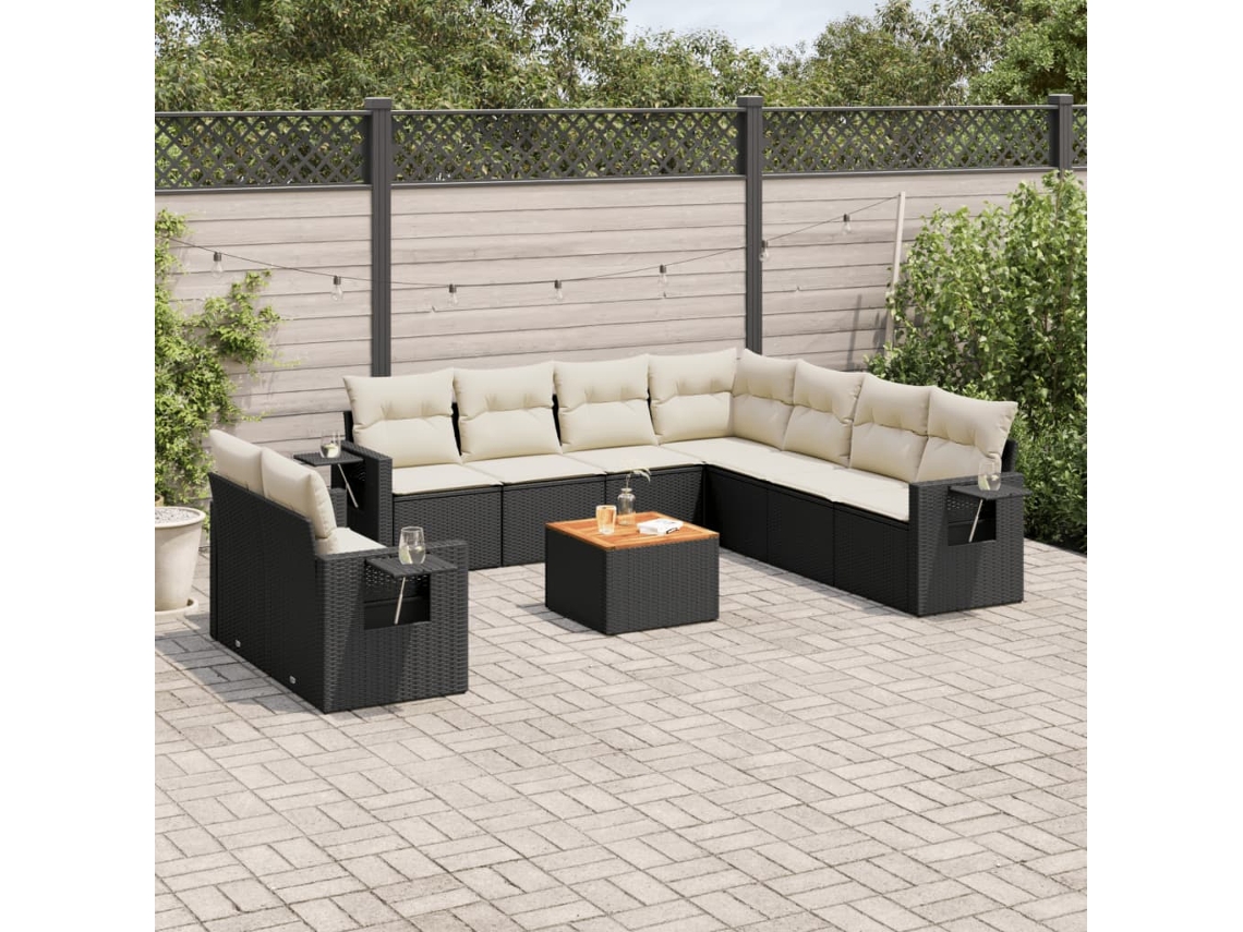 Vidaxl 10 Pcs Conjunto Sofás De Jardim C/ Almofadões Vime Pe Preto
