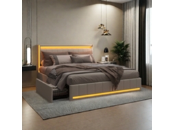 Cama de Casal 160x200 Cm em Linho Bege, Cabeceira e Peseira com Leds, 4 Gavetas de Metal, Portas Usb e Tipo c. SIMURQ
