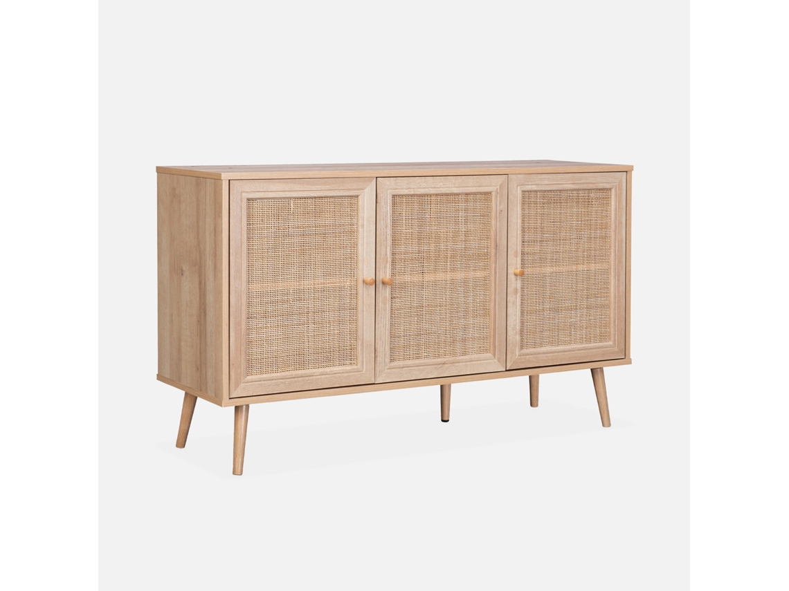 Aparador Com Efeito De Madeira E Cana De 3 Portas, 120 cm, Natural