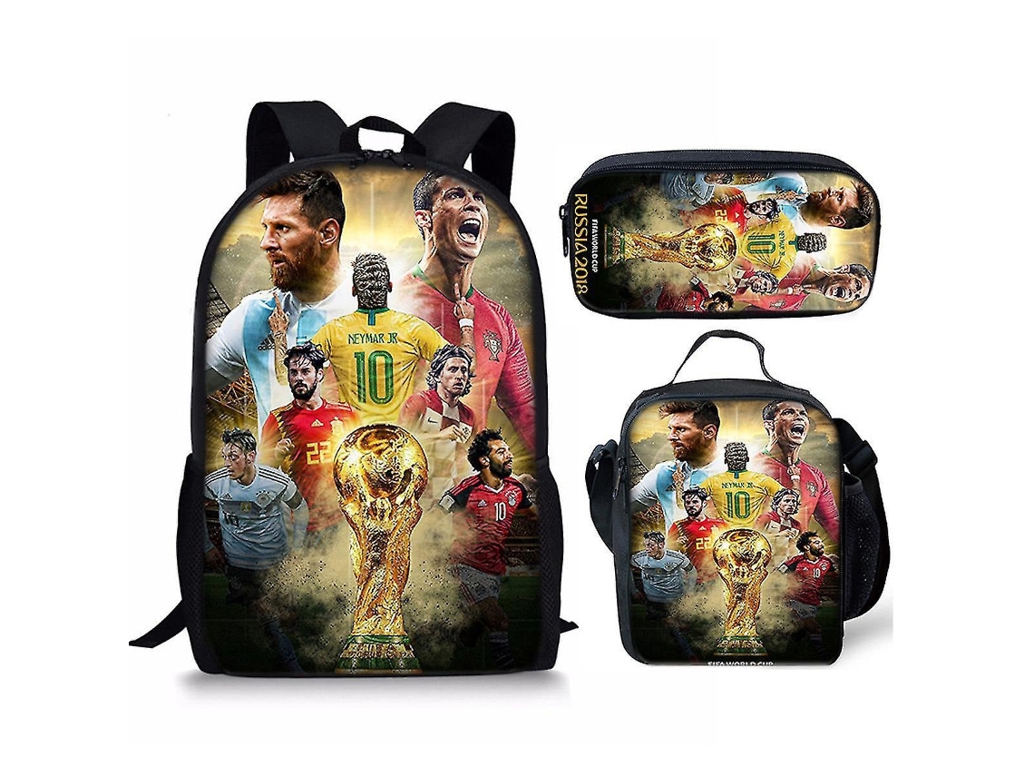 Mochila Escolar Infantil de Três Peças com Estampa do Astro Futebol Messi, Mochila com Desenho Animado para Alunos do Ensino Fundamental BRILVIBERA