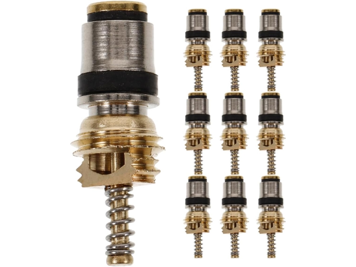 Conjunto de 10 núcleos de válvulas de cobre para sistemas de ar condicionado automotivos.