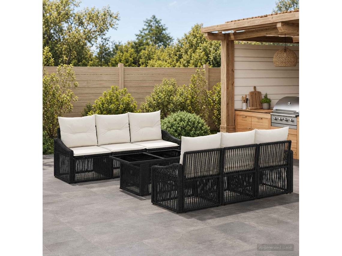 Vidaxl Conjunto De Sofá De Jardim 7 Unid. Preto E Branco Creme Vime Pe