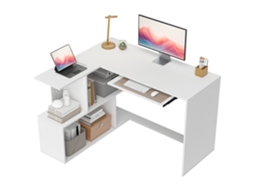 Mesa de canto em L com prateleiras, bandeja deslizante para teclado, 120x100x76cm, branco