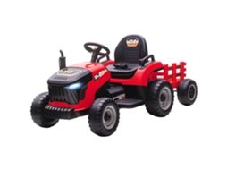 Trator Elétrico Infantil com Trailer Destacável, Carro Elétrico Infantil, Controle Remoto 2.4g, 139x58x55cm, Vermelho