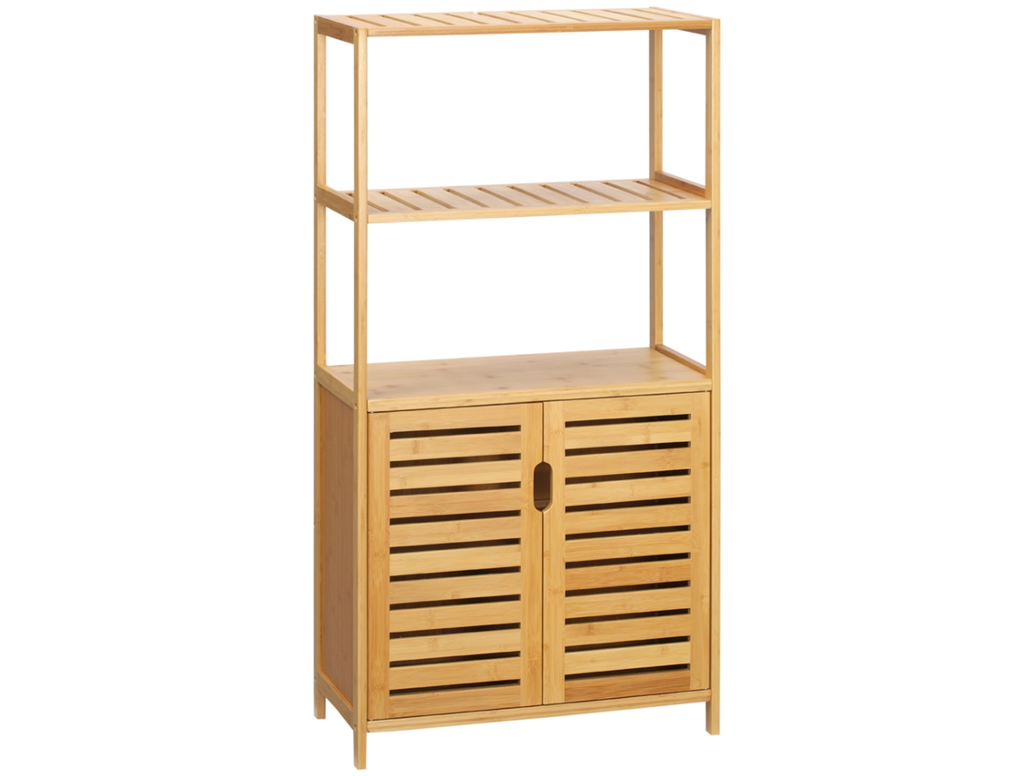 Armário de Banheiro de Bambu com 2 Prateleiras Abertas e Armário de 2 Portas 60x30x120cm Ge