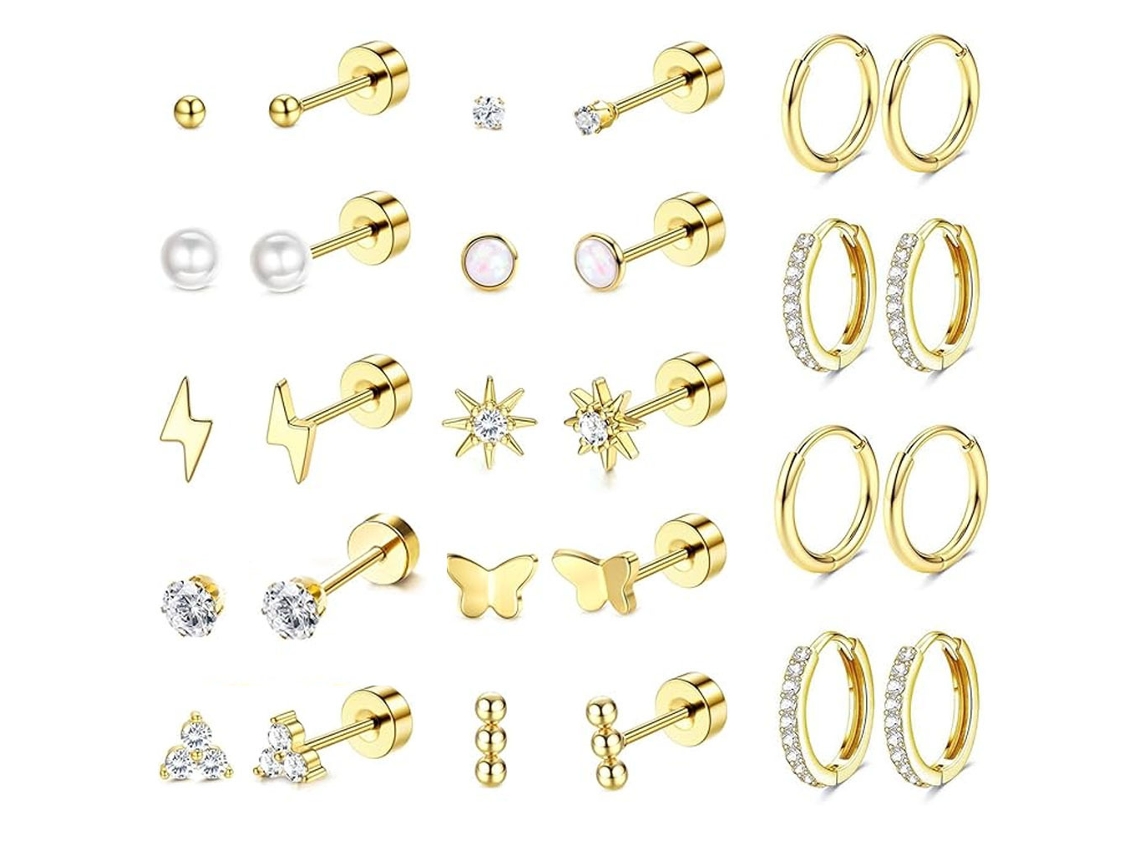 Brincos, 14 Pares De Brincos De Aço Inoxidável, Unissex, Para Orelhas Sensíveis (dourado) Spqment