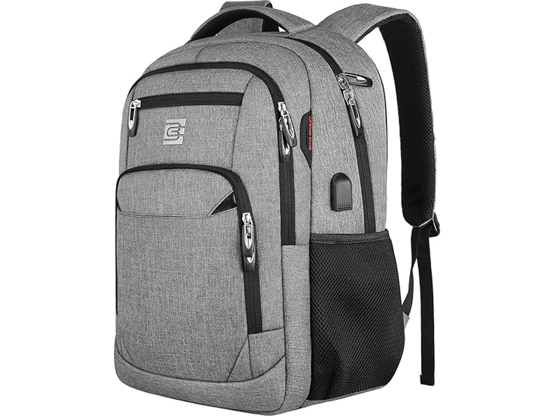 Mochila Beijiyi para laptop com porta de carregamento USB e entrada para fone de ouvido, mochila antirroubo com alça de ombro acolchoada e respirável, cinza