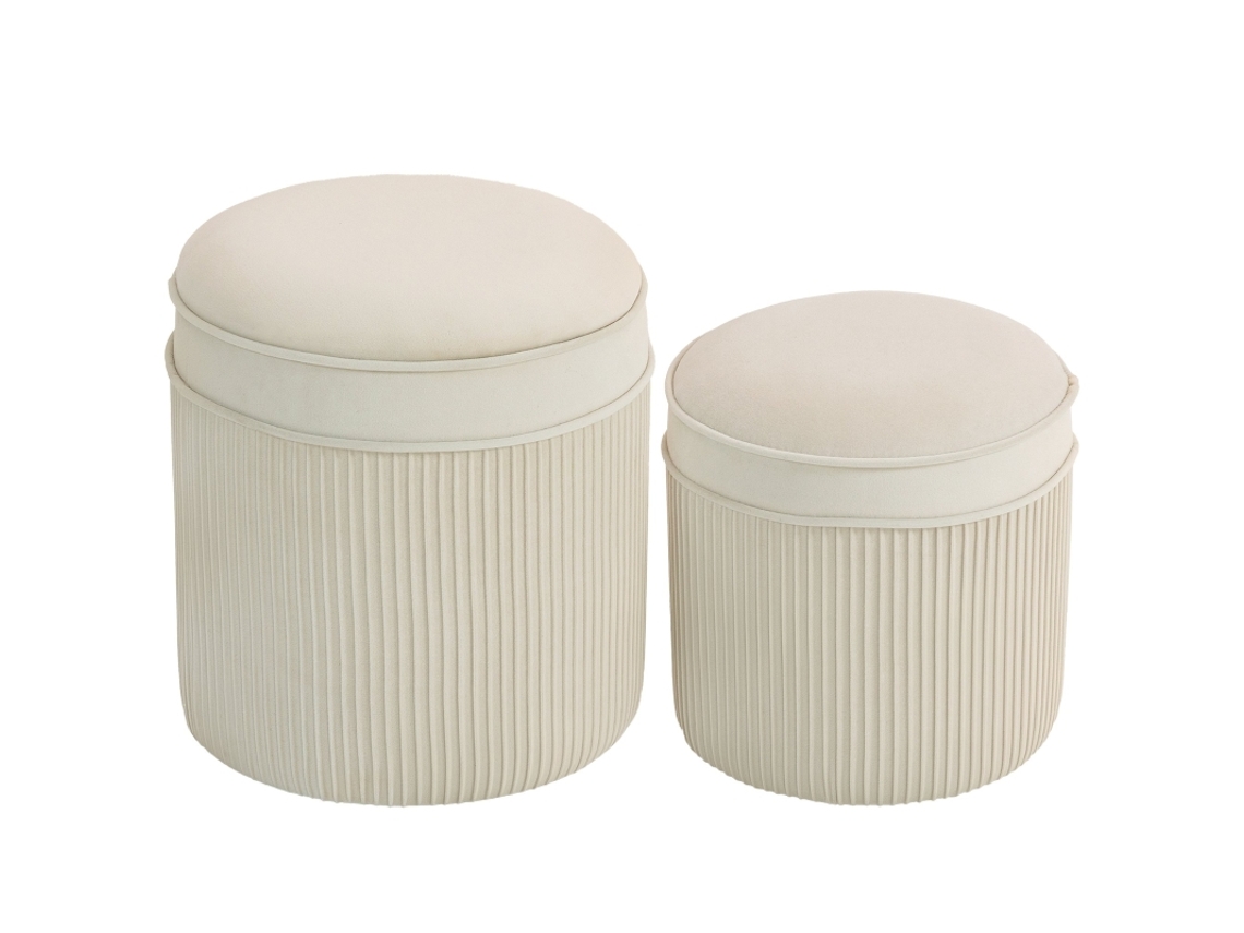Conjunto De 2 Puffes Armazenamento Com Tampa, Puff Redondo Estilo Veludo 36 X 36 X 41,5 Cm Na Cor Creme