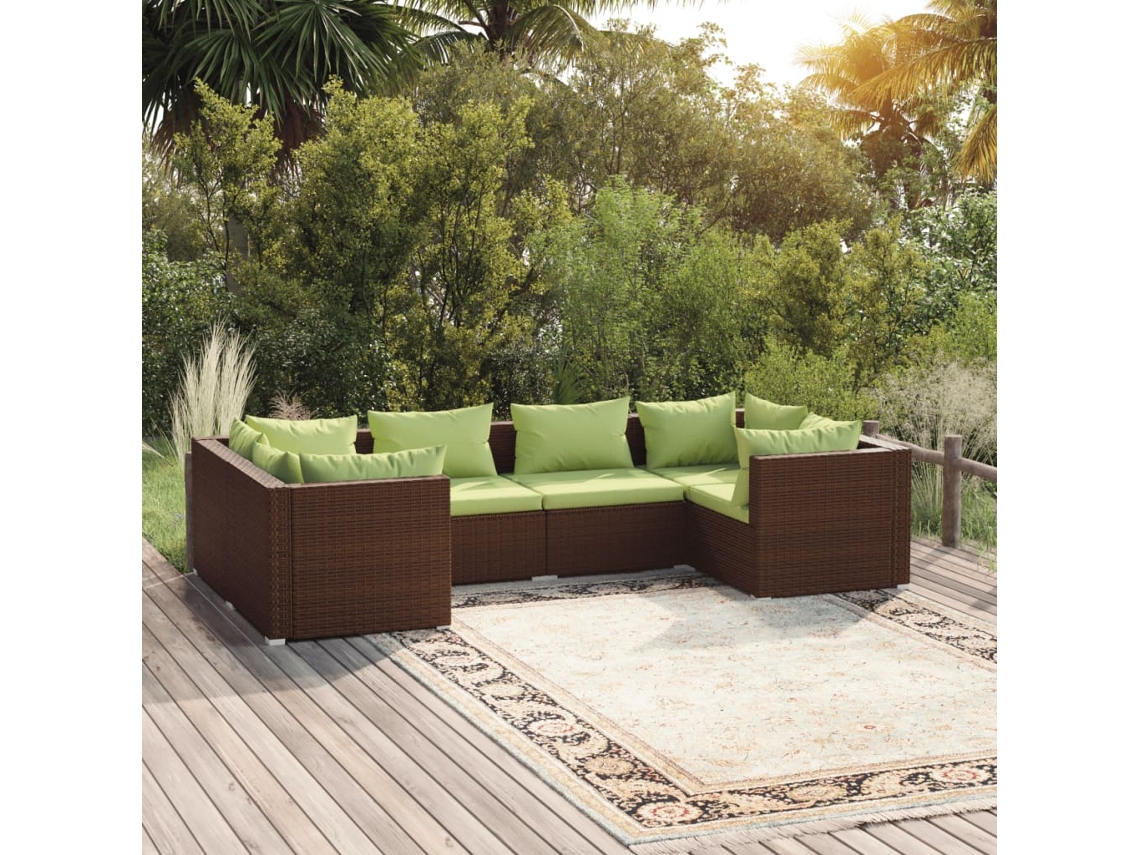 Conjunto 6 Peças Lounge Jardim C/ Almofadões Vime Pe Castanho Dkd Home Decor
