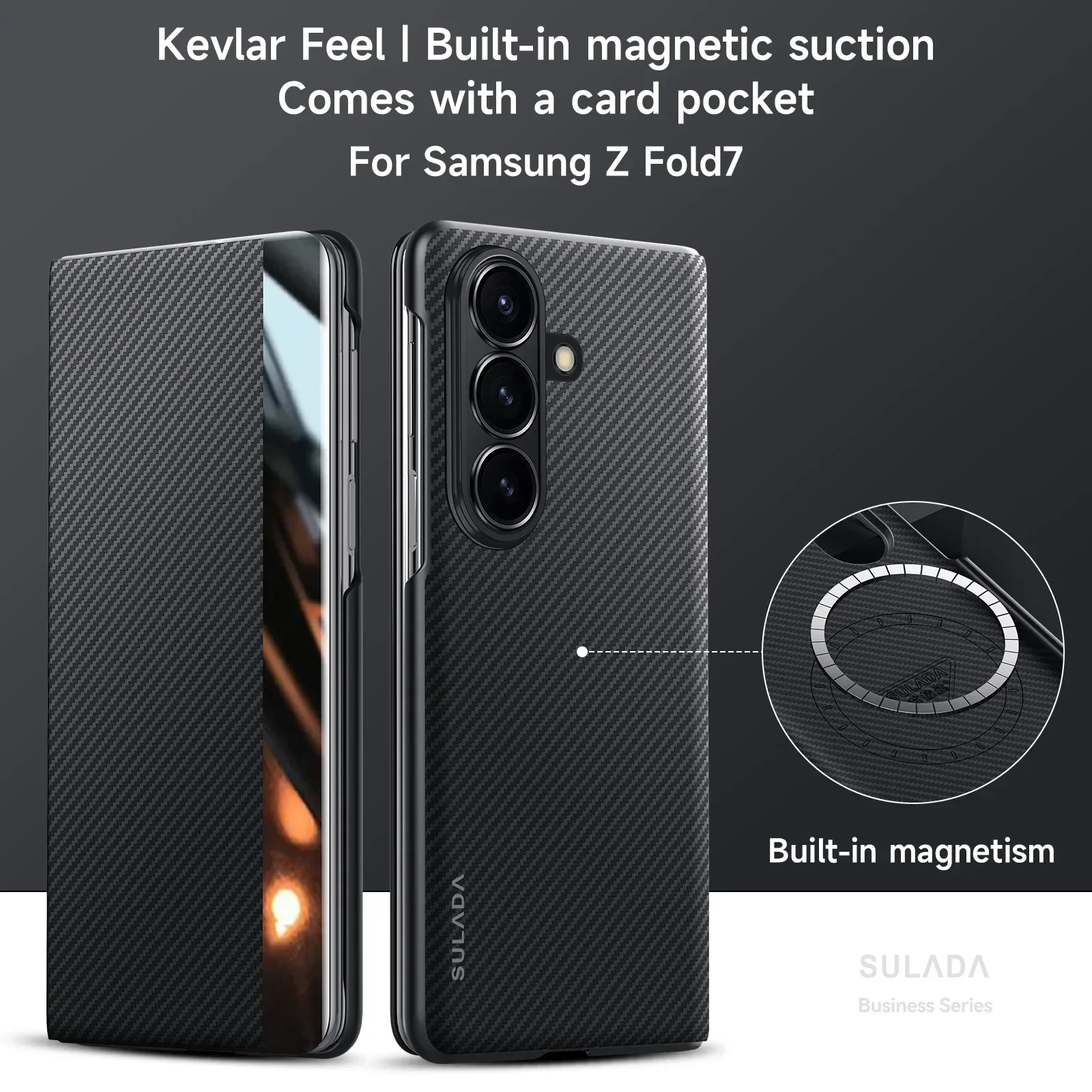 Capa Magnética Para Celular Samsung, Em Couro Texturizado Com Fibra De Carbono (preta, Compatível Com Galaxy Z Fold7).