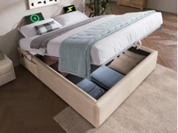 Cómoda Estofada 140×200 Cm - Tecido De Linho - Com Tomadas De Carregamento E Almofada De Ripas - Bege