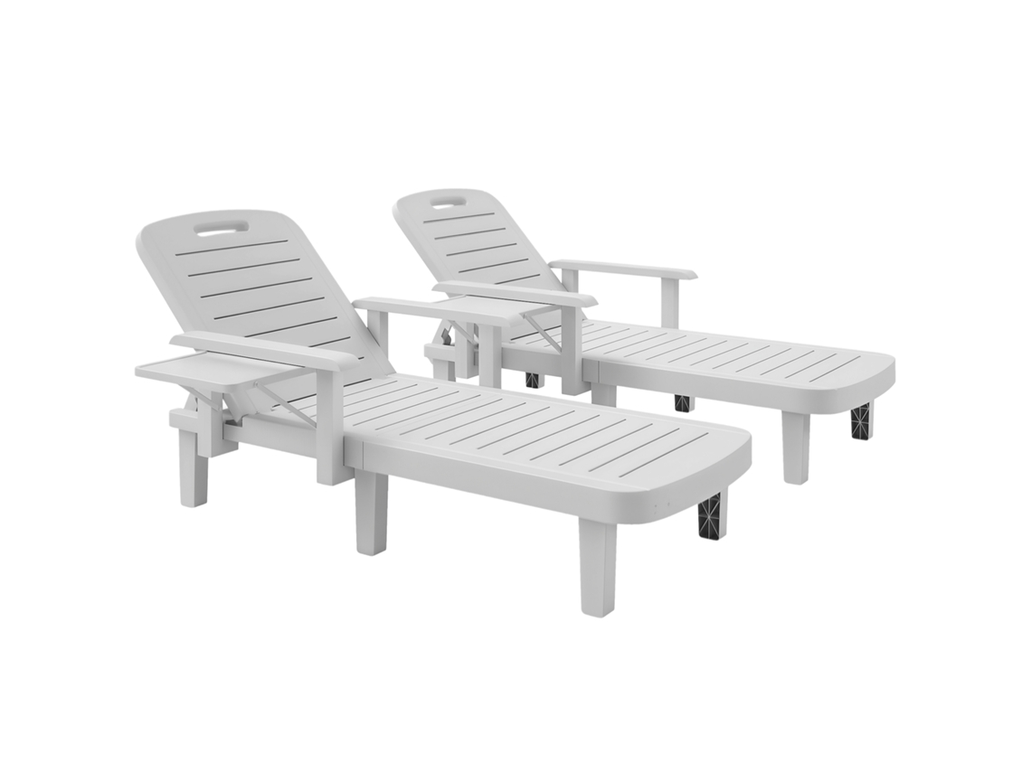 Conjunto De 2 Espreguiçadeiras De Jardim Ajustáveis Com Mesa E Apoios De Braço, Em Polipropileno, 79x158x88 Cm, Brancas.