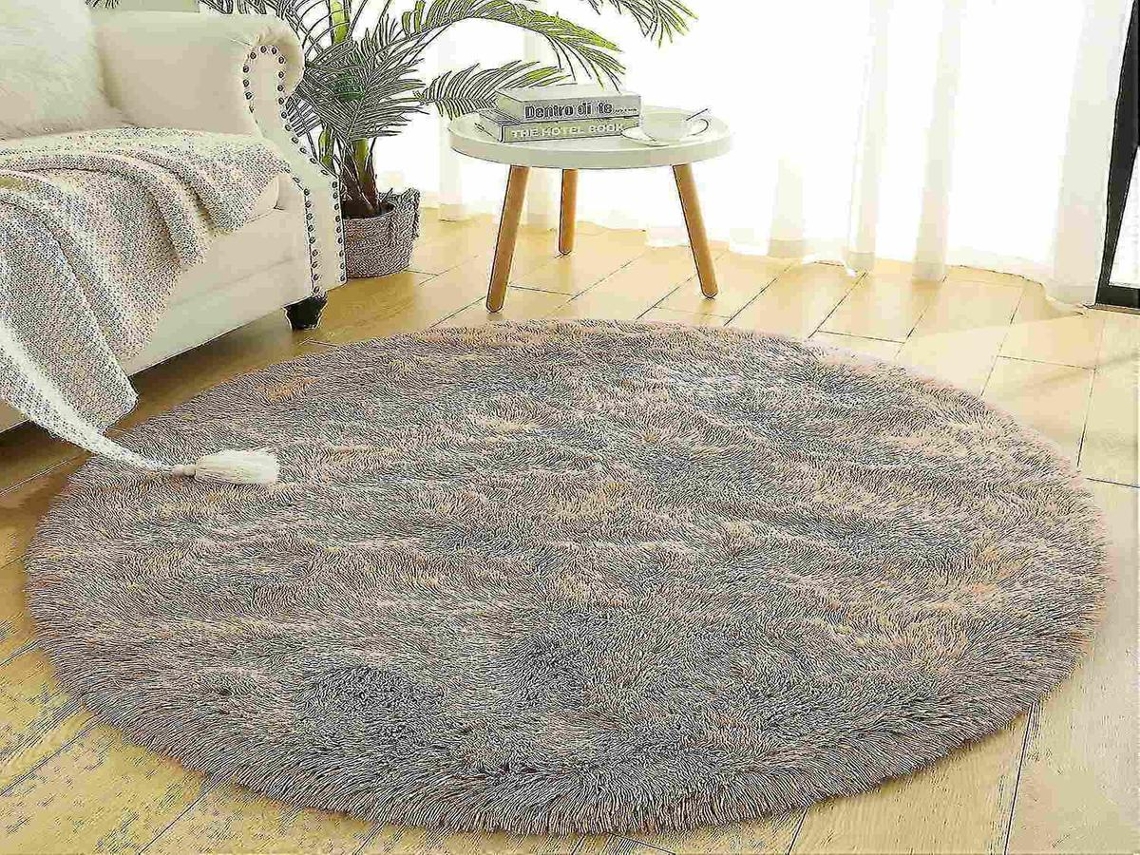 Lurelia Tapete Exterior Redondo Poliéster Antiderrapante Macio Fofo Branco 120x120 Cm R492