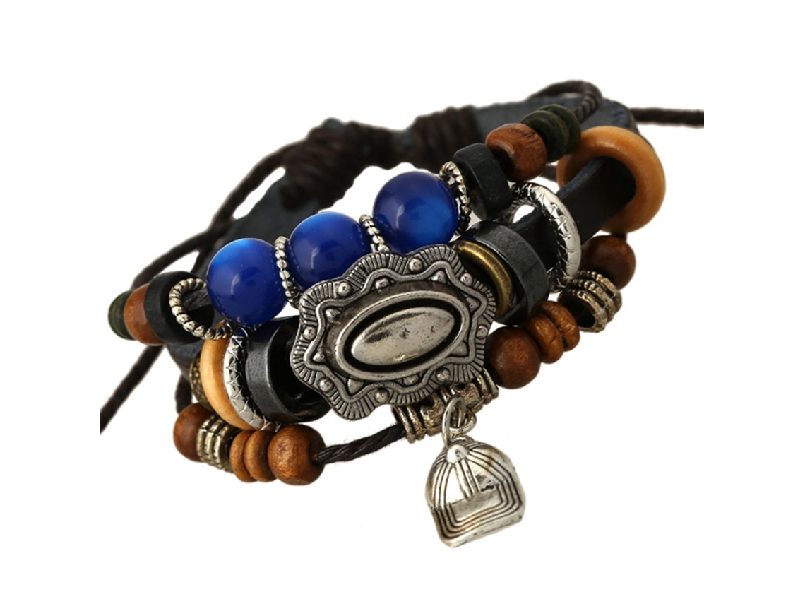 Pulseira Com Pingente De Capa De Metal E Contas De Madeira