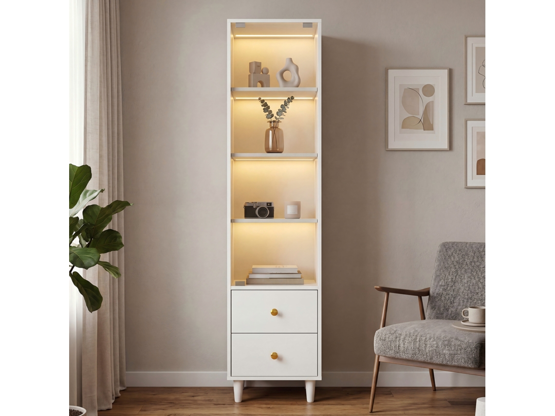 Vitrine Led, Estante Moderna C/ Portas De Vidro E 2 Gavetas, Ideal P/ Colecionadores, Estilo Contemporâneo, Puxadores Dourados, Branca – 165x40x35cm.