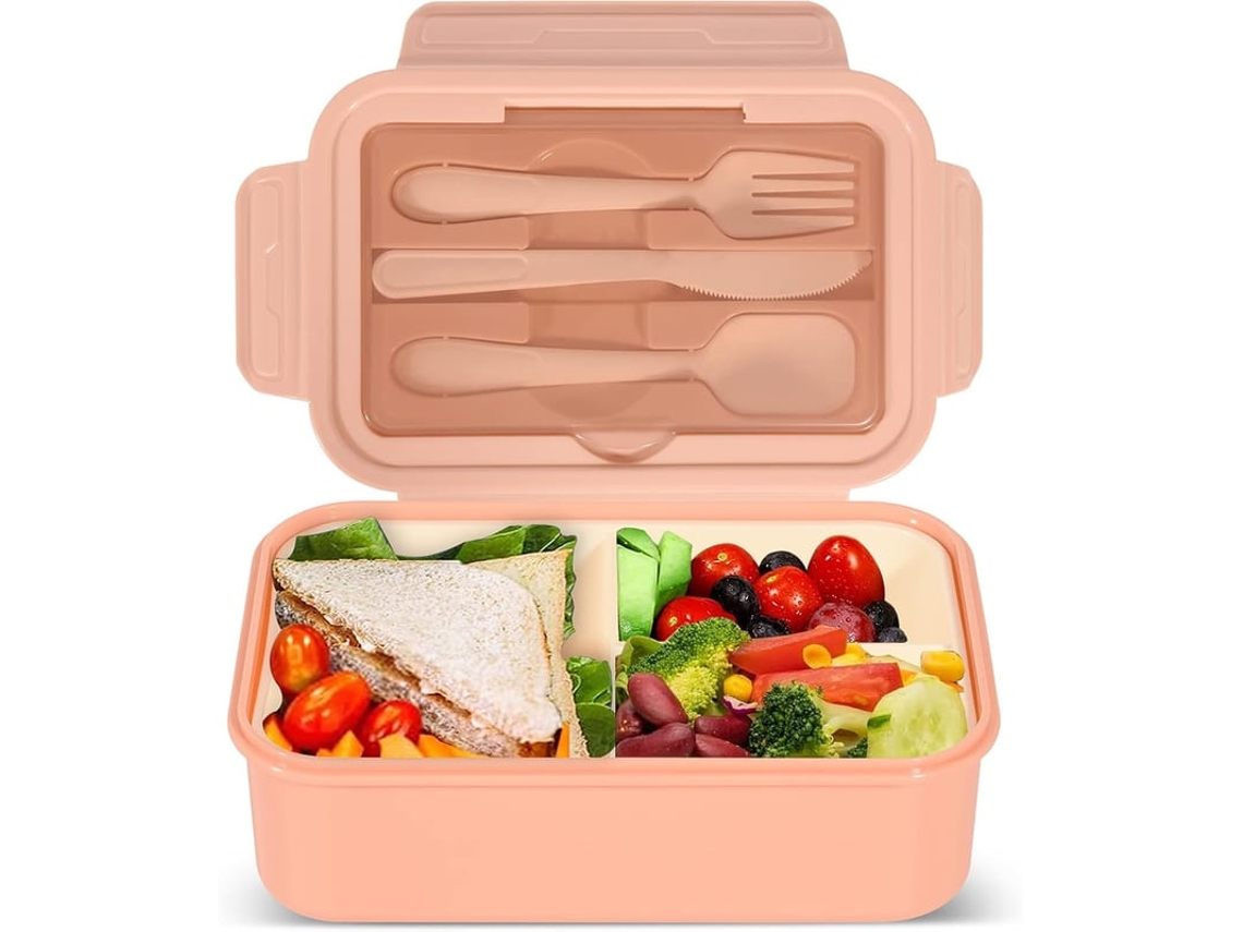 Caixa De Lanche Bento 1400ml Com 3 Compartimentos, Sem Bpa, Rosa Para Adultos E Crianças