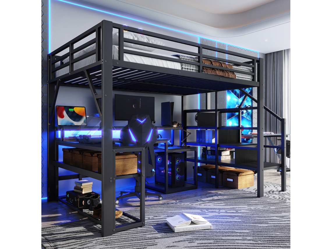 Cama Alta Ferro 140x200 Arrumação Escada Corrimão Led Secretária Usb Preta