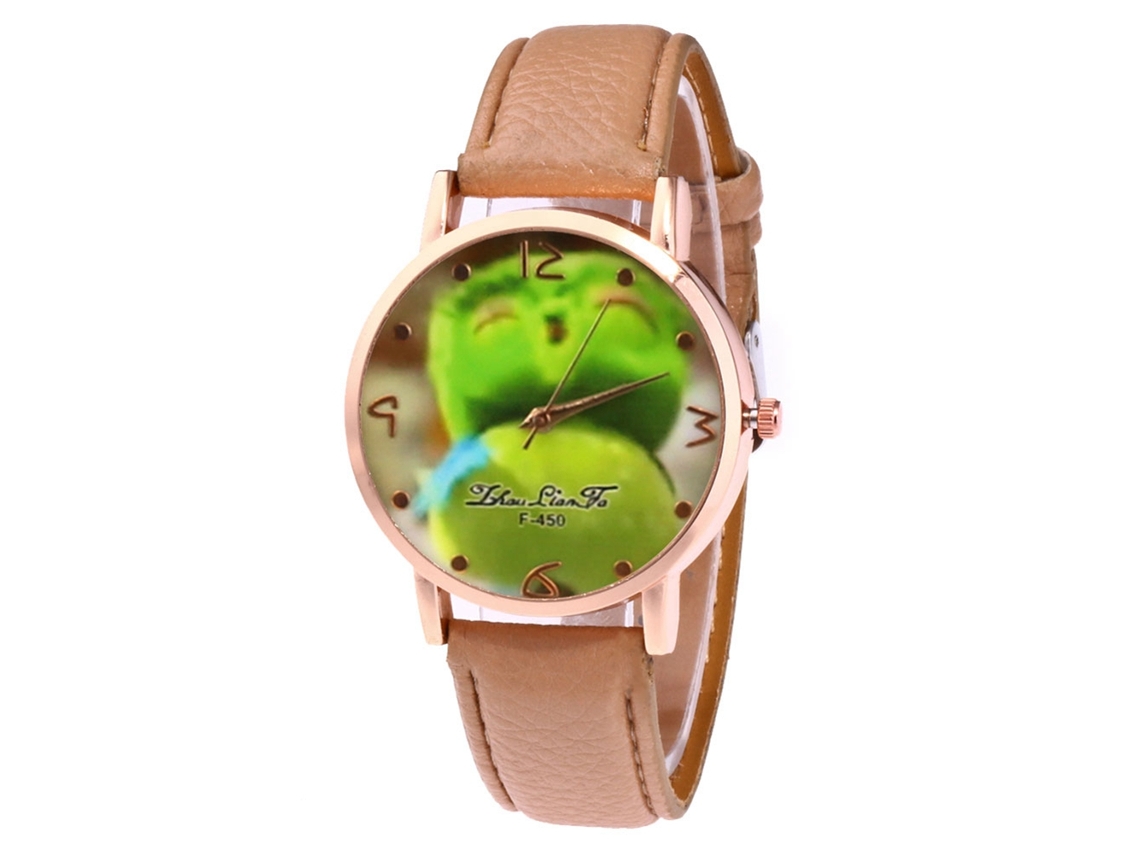 Relógio de quartzo unissex com pulseira de couro PU e mostrador casual com estampa de frutas (marrom claro)