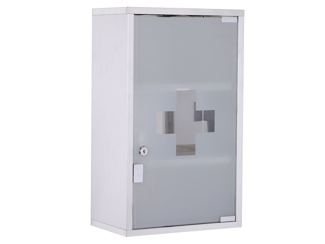 Armário de Medicamentos Porta Em Aço Inox e Vidro Temperado Cor Plateado 50 x 30 x 18 cm Homcom