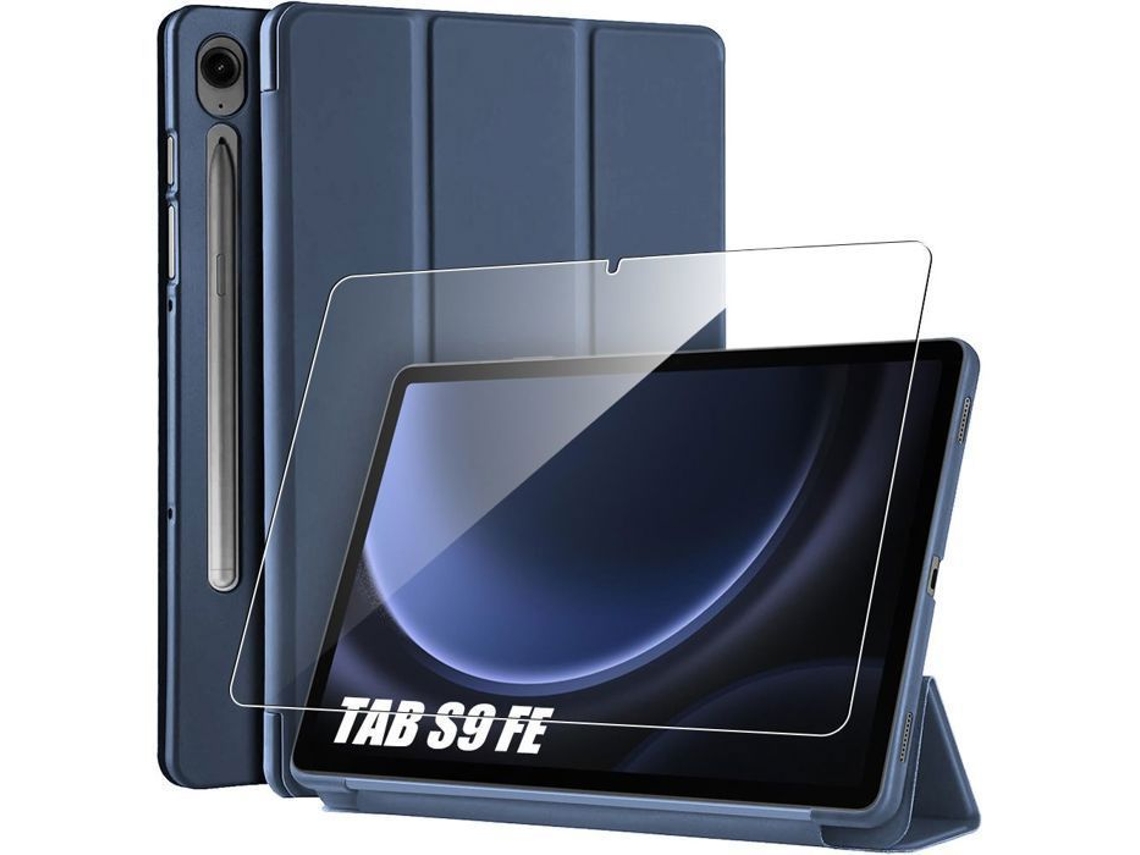 Capa + Película De Vidro Temperado-.-para Samsung Galaxy Tab S9 Fe/s10 Lite, Azul Escuro, Resistente A Impactos, Suporte Integrado