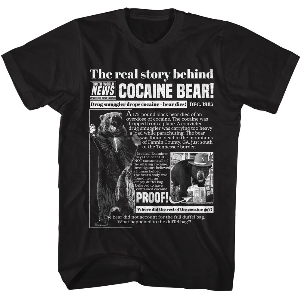 Rockinstone Cocaine Bear Real Story Black Adult T-shirt Size:xxxl