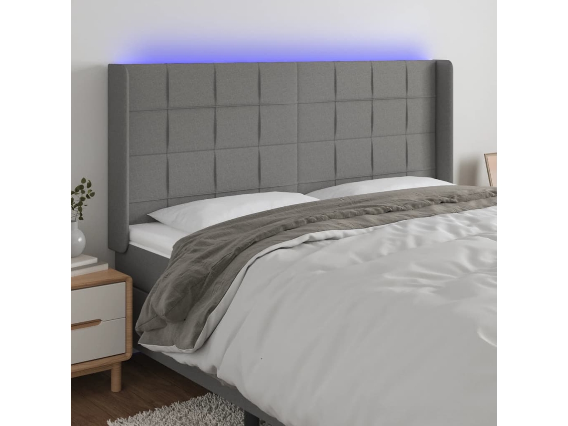 Vidaxl Cabeceira De Cama C/ Led Tecido 203x16x118/128 Cm Cinza-escuro