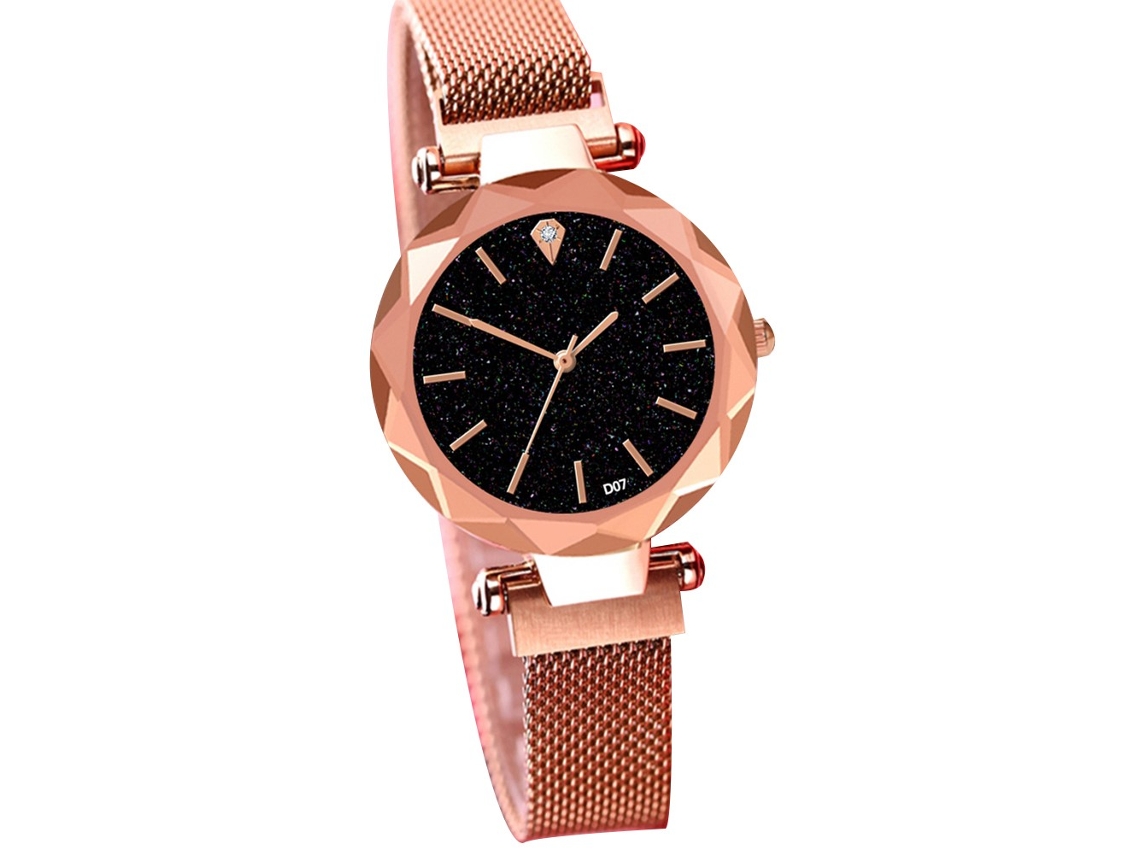 Relógio de quartzo com mostrador estrelado e pulseira de aço, elegante e casual para mulheres, ouro rosa.