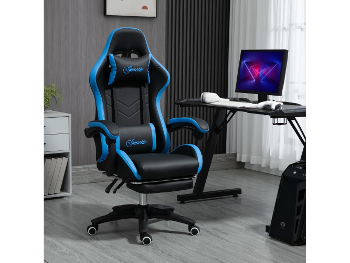 Cadeira gamer com altura ajustável, apoio lombar e apoio de cabeça, braços ajustáveis, reclinável até 120 kg, azul e preto Liptaptyn