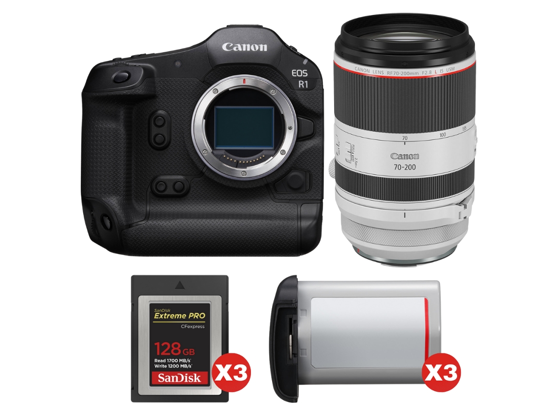Eos R1 + Rf 70 200mm F/2.8 L Is Usm + 3 Sandisk 128gb Extreme Pro Cfexpress Type B + 3 Canon Lp e19 + Ebook Pricedirect CANON