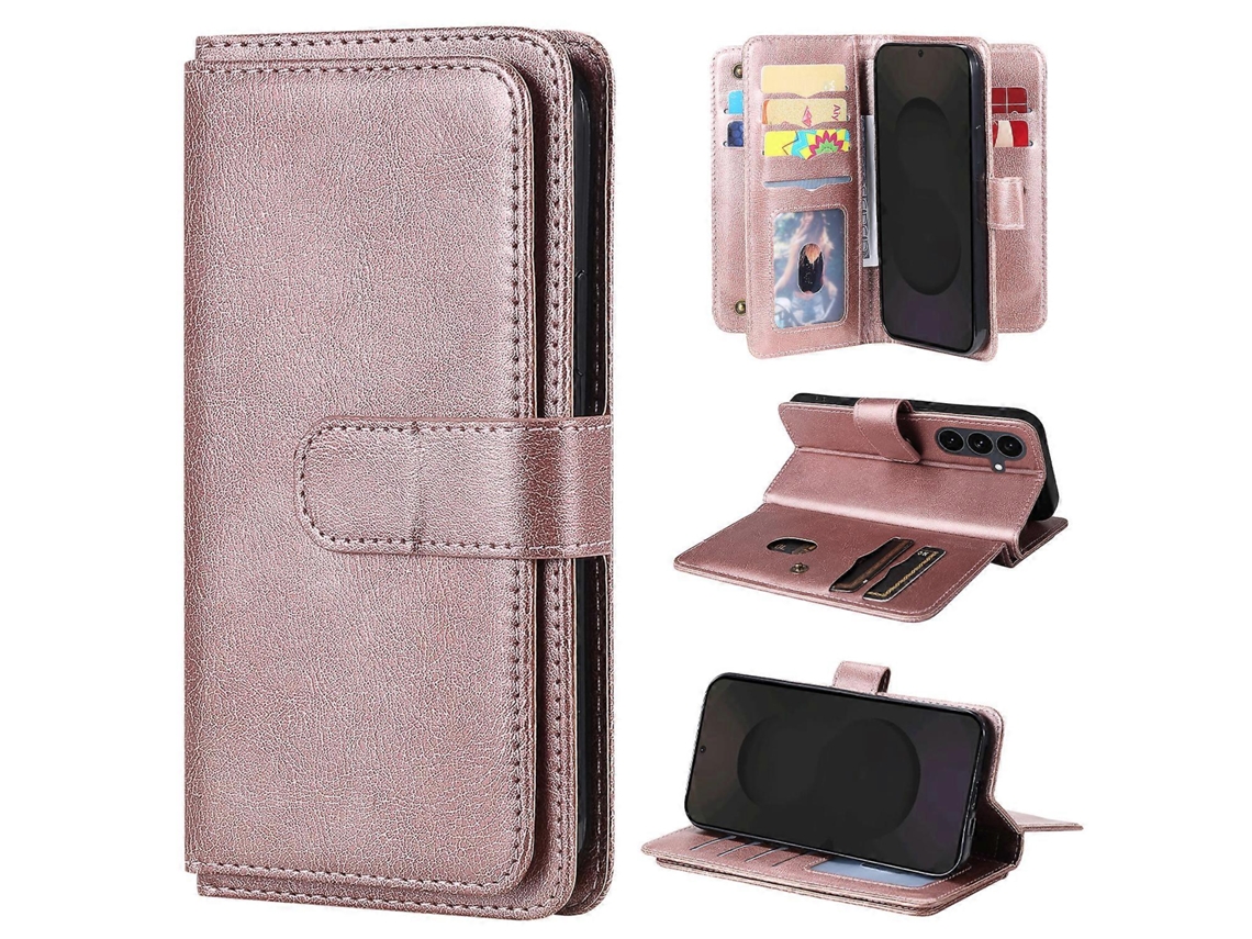 Capa De Couro Com Suporte Para 10 Cartões Para Samsung Galaxy S25 Fe, Cor Ouro Rosa