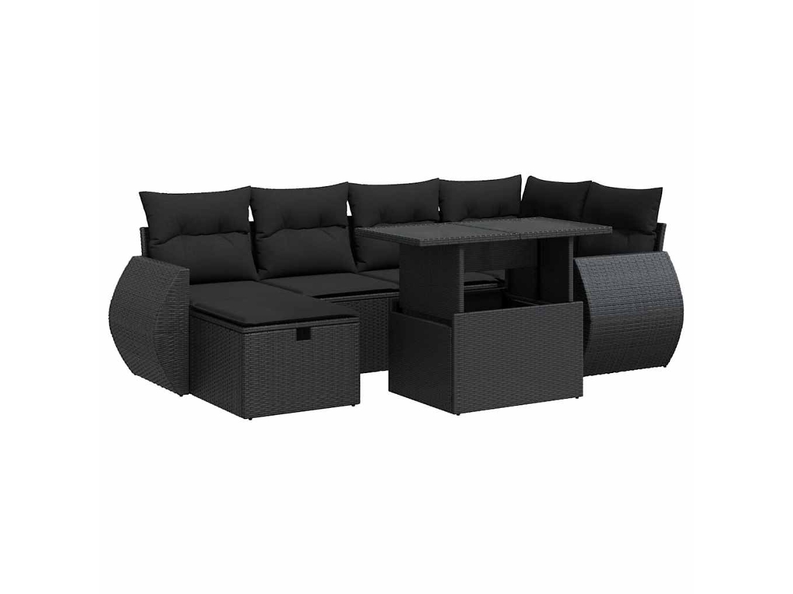 Conjunto de Sofás 7 Peças Jardim com Almofadões Vime Pe Preto MAISON EXCLUSIVE