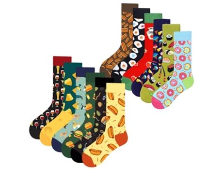 Conjunto de 12 pares de meias longas com desenhos, Comida e Bebida II, tamanho único 37-44 Mac Been