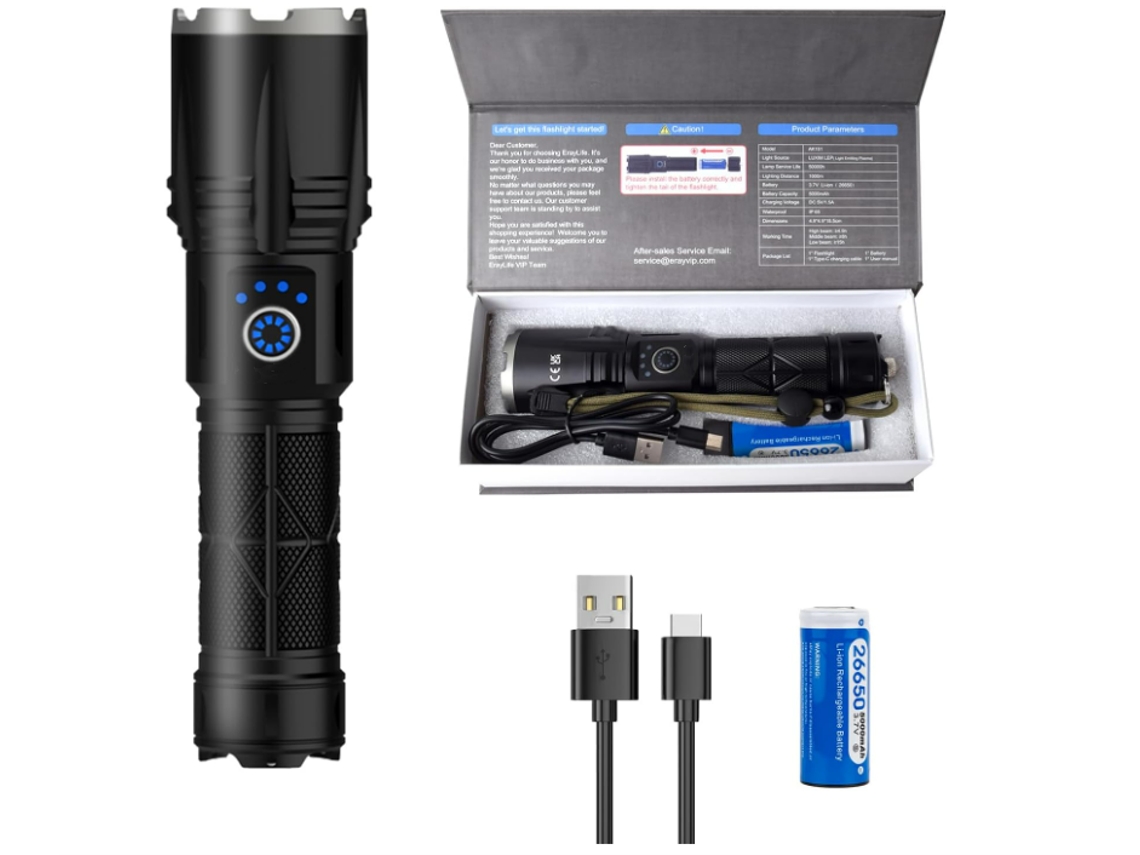 Lanterna Led Multifuncional 30000 Lúmens com Disjuntor Martelo de Emergência com Bateria 5000Mah Ip65 À Prova D'Água Preta TURMIN
