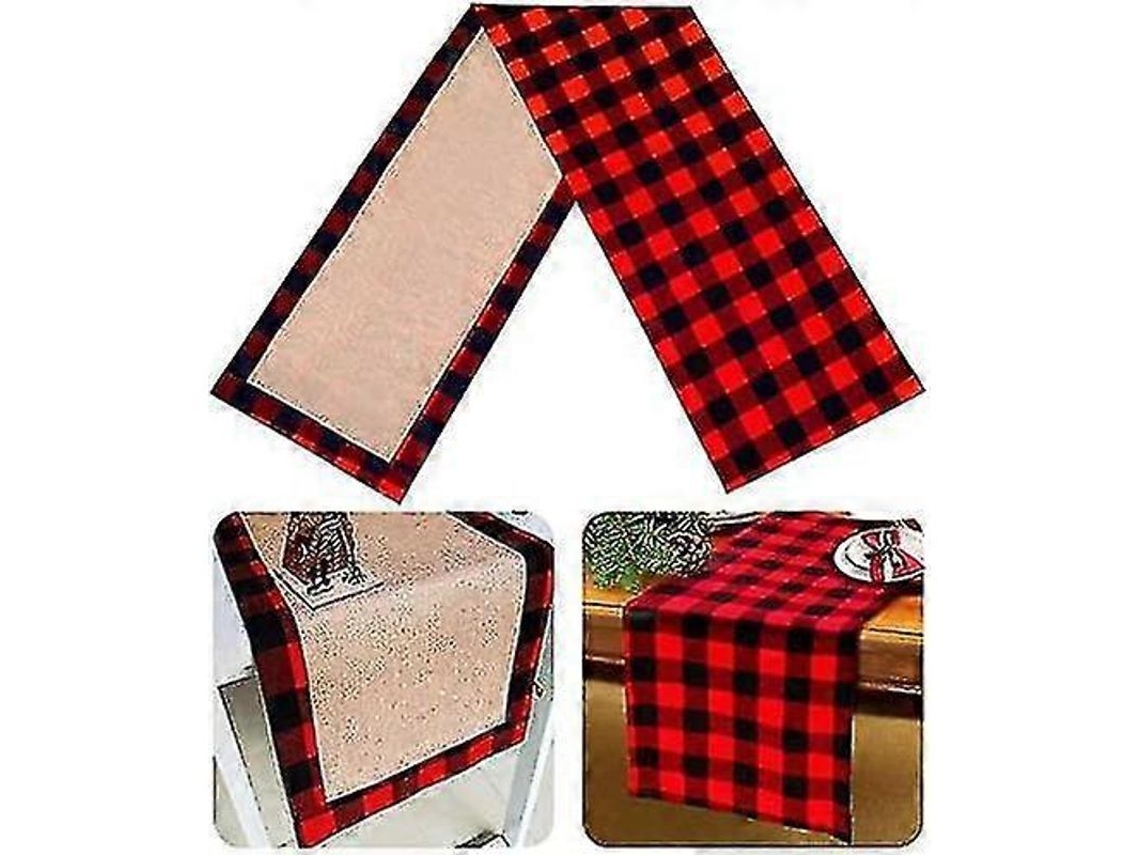 2026 mantel de Mesa Reversible Navideño Tela de Algodón Y Jute Cuadros Rojos Y Negros para Fiesta Cumpleaños Decoración Hogar