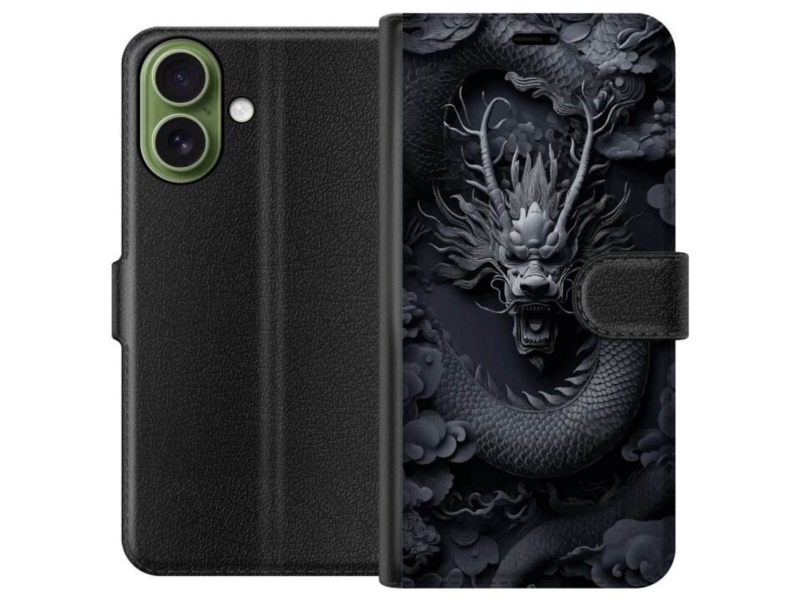 Capa Carteira Compatível Com Apple Iphone 17. Dragão Detalhado Em Alto Relevo Escuro Com Montanhas E Nuvens, Um Motivo De Fantasia Poderoso E Exclusiv